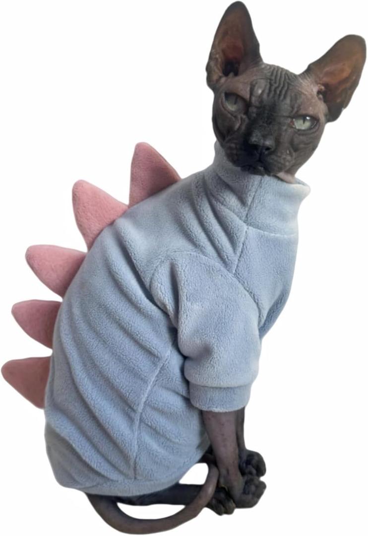 Dinosaur Sphynx Cat Clothes, Soft Polar Fleece Sweater for Cat, Elastic Pet Clothes Thick Winter Warm Outfit for Hairless Cat, Devon, Cornish, Small Dogs Apparel with Sleeves (Sky Blue, XX-Large) (XXL (12.5-15 lbs))