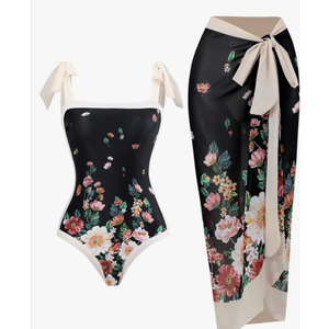 One Piece Swimsuit with Beach Cover up Wrap Skirt Sarong Retro Floral Print Bikini Set Two Piece Bathing Suit, S