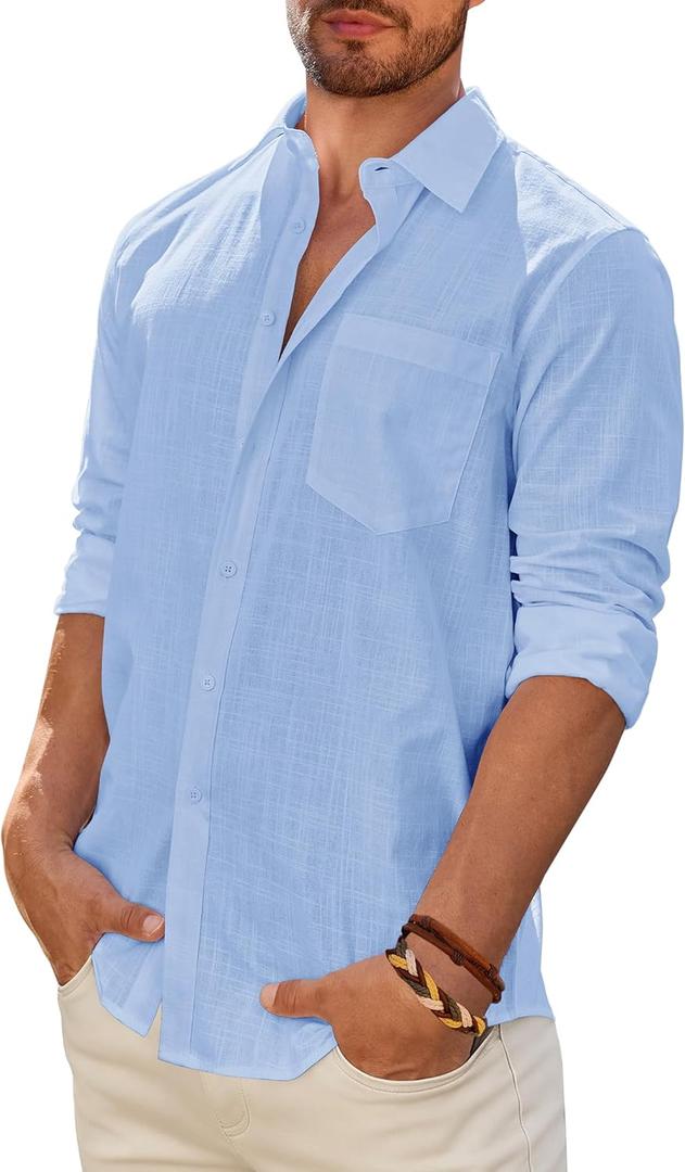DEMEANOR Mens Linen Shirt Long Sleeve Casual Cotton Solid Regular Fit Wedding Summer Beach Button Down Shirt (XX-Large, Blue)