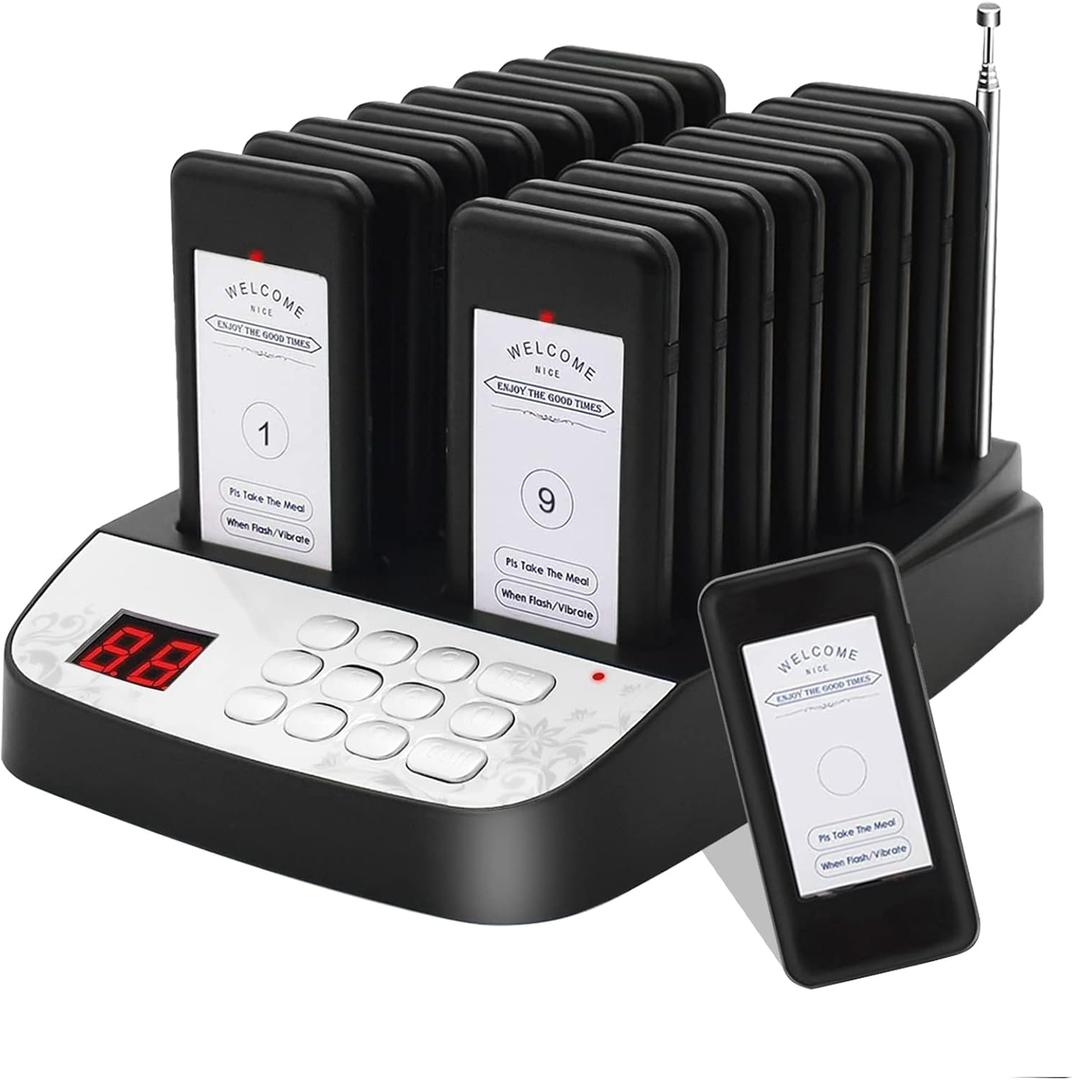 Pager Restaurant System 16 Buzzers Vibration Flashing Wireless Calling Guest Social Distancing for Restaurant Food Truck Hospital Clinic Church(Black)
