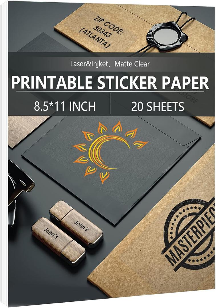 Clear Sticker Paper for Inkjet Printers, 20 Sheets Transparent Printable Vinyl Paper Sticker Label for DIY Crafts Personalized Decals, 8.5 x 11 Inch(Matte Clear)