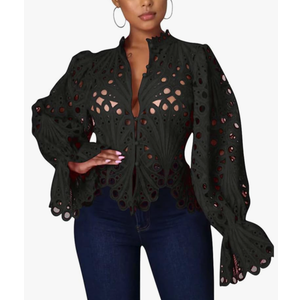 Doweha Women’s Sexy Ruffle Long Sleeve Summer Lace Tops 2025 Puff Flare Shirt V Neck Hollow Out Button Down Tunic Blouses (L)