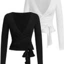 SweatyRocks Women's Pilates Outfits Wrap Tops Ballet Yoga Coquette Shirt Cute Long Sleeve Workout Activewear (Black and White) XS