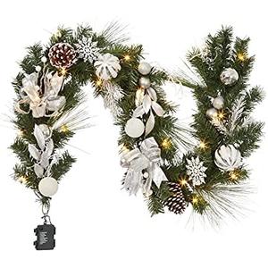 Adeeing Christmas Garland with Lights, 6 ft Pre-lit Silver White Christmas Garland with Ball Ornaments Pine Cones Berries Battery Operated Lights for Indoor Outdoor Fireplace Staircase Decoration
