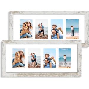 Hongkee 8x20 Picture Frame Set of 2, Distressed White Wood Frame with Tempered Glass Collage Frame, Display Pictures Four 4x6 With Mat or 8 x 20 Without Mat - Horizontal or Vertical Wall Mounting