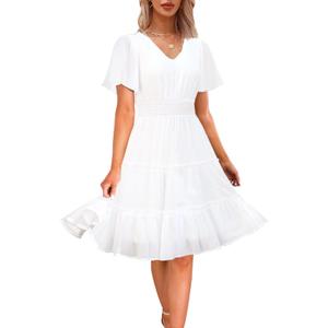 Zattcas Women 2026 Sping Summer Dress V Neck Smocked Waist Casual Flowy A Line Tiered Work Knee Length Dresses, White, Large