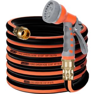 25FT Flexible Garden Hose,Upgraded Hybrid Water Hose,Durable 5/8" Kink Free Outdoor Yard Car Wash Hose,Solid Brass Connectors