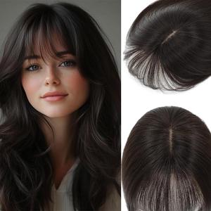 Hair Toppers for Women Real Human Hair, 360 3D Human Hair Toppers for Women with Thinning Hair Upgrade Middle Part Clip in Bangs (Dark Brown(Big Coverage), 12 Inch-3D-Wispy)