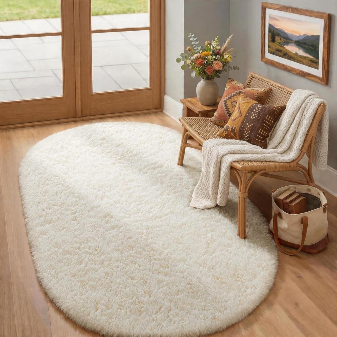 Ophanie 4x6 Oval Ivory Rugs for Bedroom Living Room, Fluffy Fuzzy Furry Carpet, Plush Soft Shaggy Bedside Indoor Floor Area Rug for Kids Girls Boys Baby Teen Dorm Nursery Home Decor Aesthetic