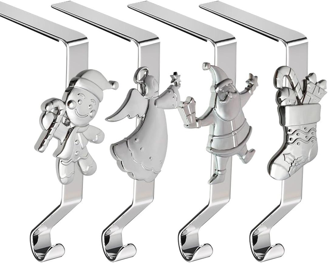 XENTUMI Christmas Stocking Holders for Mantle Set of 4, Reusable Christmas Stocking Hooks, No-Damage Xmas Hanger for Fireplace Mantle Grip Stand Christmas Decoration Ornaments Hanging Shelf Floor (Silver)