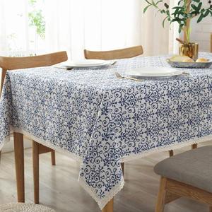 AMZALI Vintage Washable Cotton Linen Fabric Navy Damask Pattern Decorative Macrame Lace Rectangle Tablecloth Dinner Picnic Table Cloth Home Decorative Table Cover Assorted Size (36 Inch x 55 Inch) (Elegant Flower)