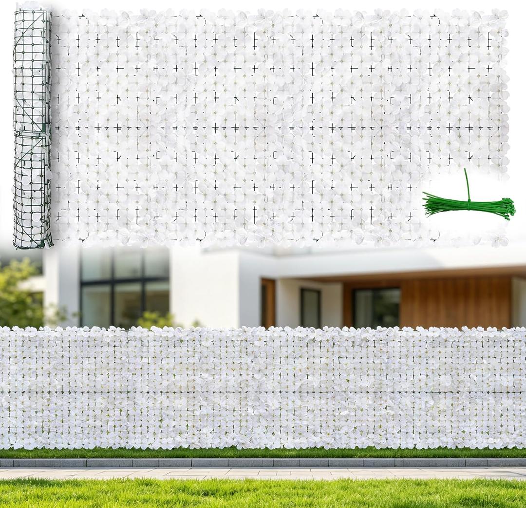 120x40in Privacy Screen for Fence Hydrangea Artificial Ivy Privacy Fence Panels Hedges Floral Wall Backdrop for Balcony Patio Garden Yard Pool Outdoor Decor (White)