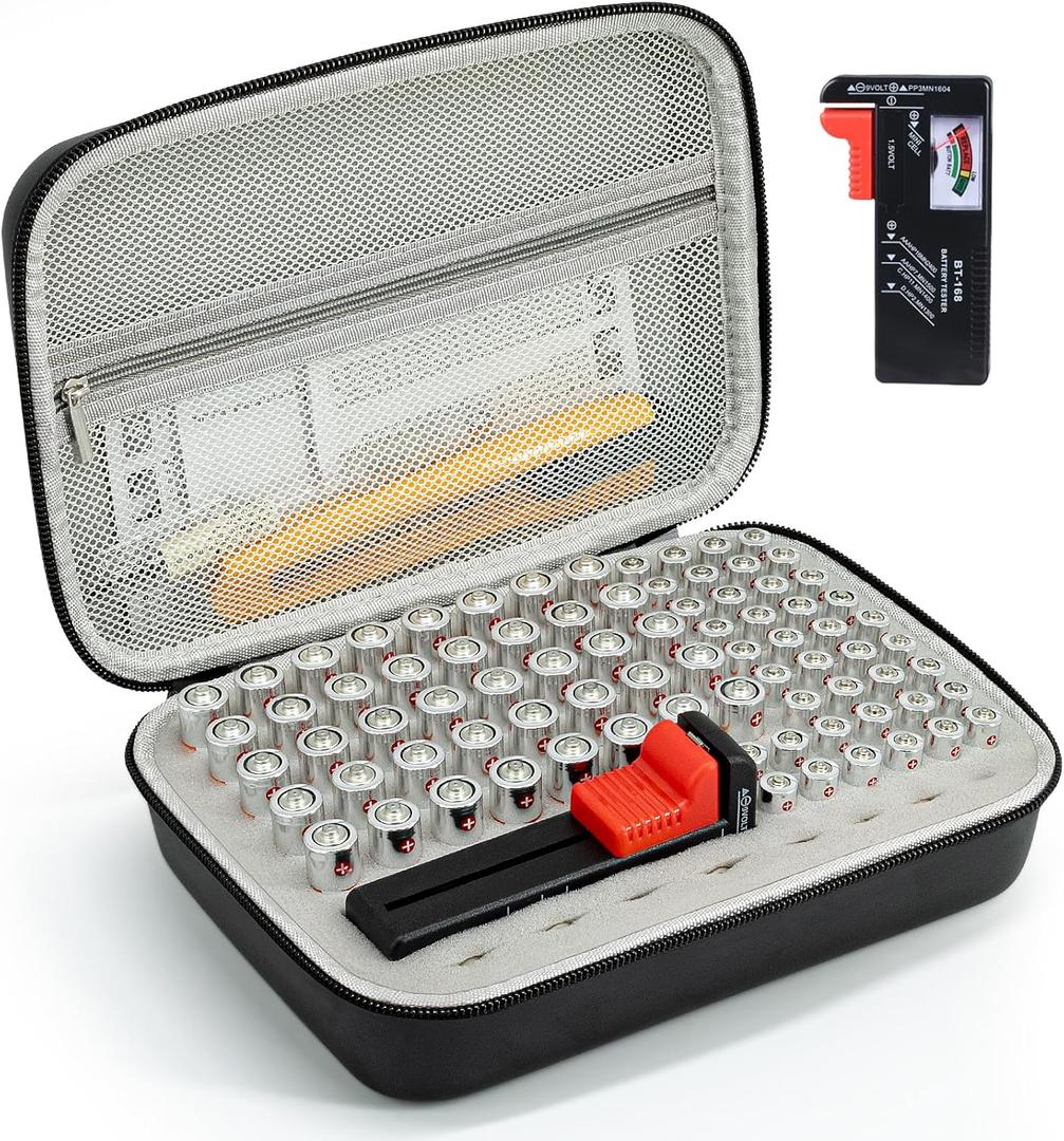 Battery Organizer Storage Case with Tester for AA AAA Button Battery Holder Carrying 3 Batteries Variety Pack 88 Batteries Zipper Mesh Bag (Batteries Not Included) (black)