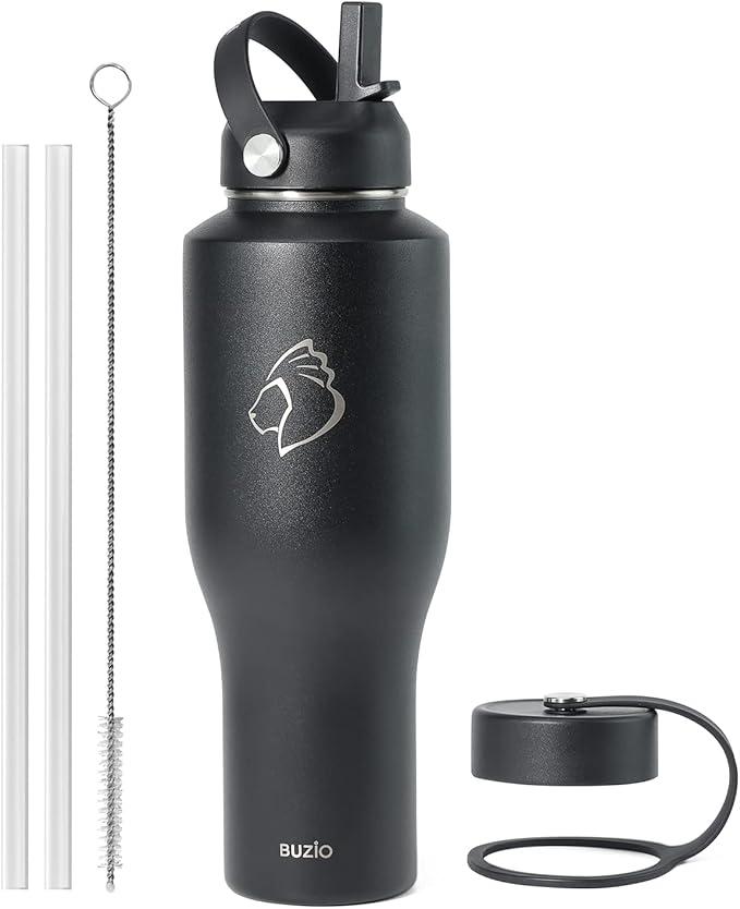 BUZIO 40oz Tumbler with Handle Straw Lid and Flex Lid, 40 oz Insulated Water Bottle Fits in Car Cup Holder, Double Wall Stainless Steel Travel Flask, Keeps Cold for 48 Hrs, Hot for 24 Hrs, Black
