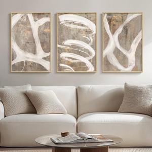Framed Neutral Brown and Beige Abstract Wall Art for Living Room, 3 Piece Modern Canvas Prints Artwork for Walls, Minimalist Lines for Hallway Kitchen Room Bedroom Office Wall Decor 16x24 Inch