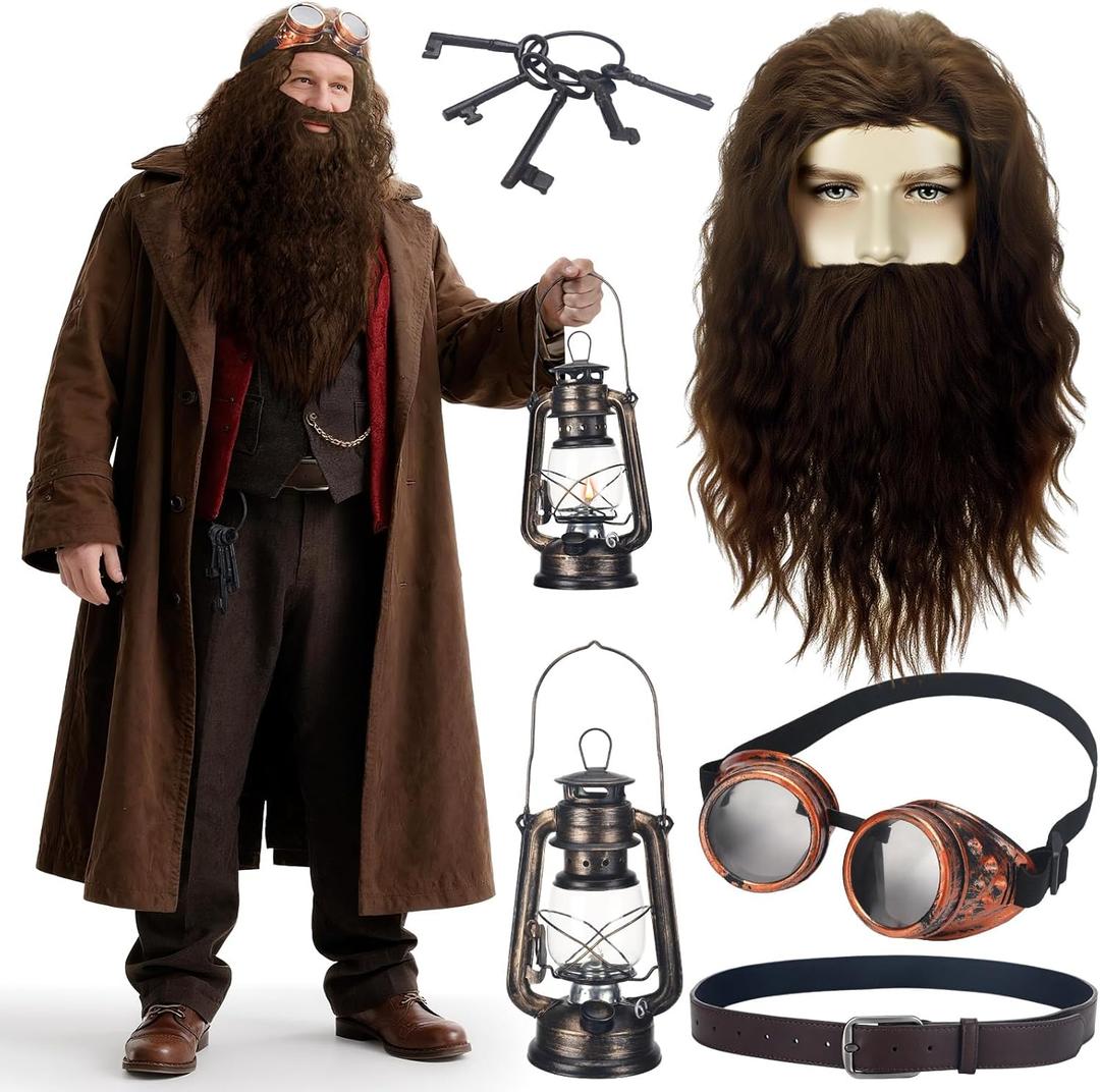 5 Pcs Wizard Party Costume Halloween Cosplay Wizard Brown Wig and Beard Retro Steampunk Goggles Glasses for Men Halloween