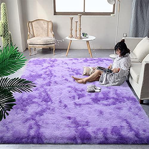 DweIke Fluffy Purple Shag Rugs for Bedroom Living Room, 4x6 Feet Soft Plush Tie-Dyed Light Purple Girls Boys Kids Rug, Upgraded Non-Slip and Machine Washable Carpet for Dorm Nursery Classroom Decor