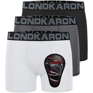 Londkaron 3-Pack Youth Boys Stretch Boxer Briefs w/ Soft Protective Cup, Elite Boxer Jock for Baseball & Football (Small, White/ Black/ Dark Grey)