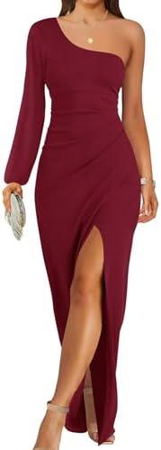 ZESICA Women's One Shoulder Long Sleeve Cocktail Dress Sexy High Slit Ruched Bodycon Wedding Guest Maxi Dresses M