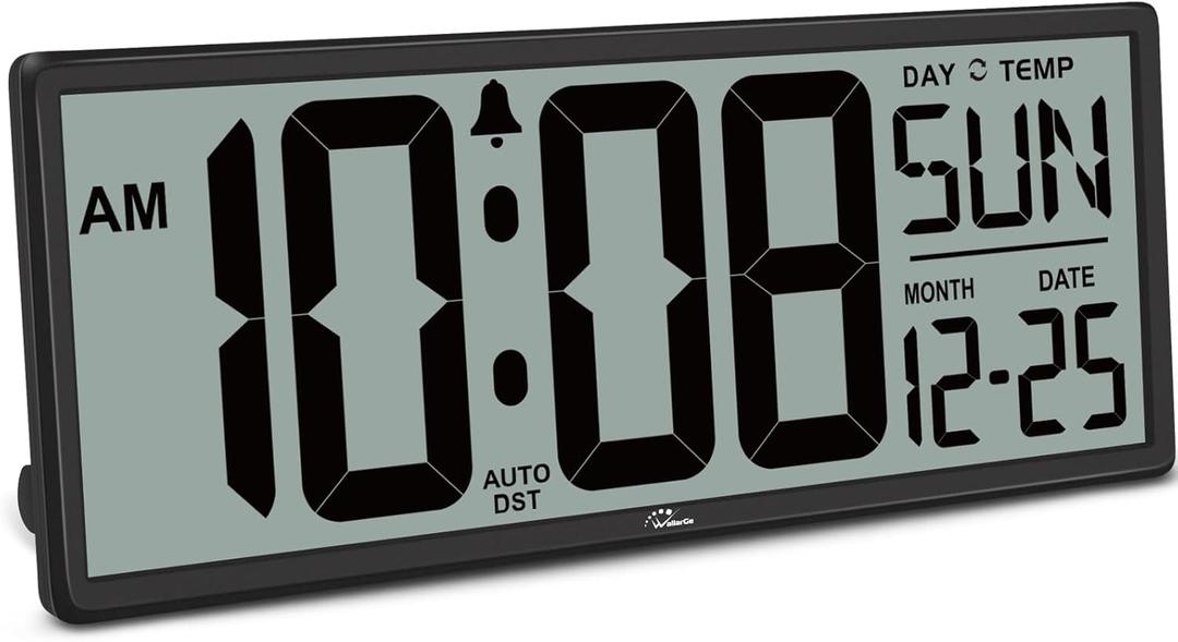 WallarGe 14.5'' Large Digital Wall Clock Battery Operated with Jumbo Numbers, Temperature and Date - Easy to Read and Set, Auto DST