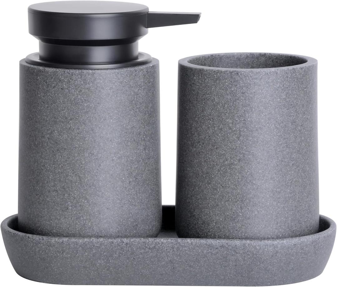 Clasin Home 3 Pcs Bathroom Accessories Set, Liquid Soap Dispenser with Large Pump, Toothbrush Holder Cup and Soap Dish, Sandstone Texture Bathroom Counter Set for Modern Home (Gray)