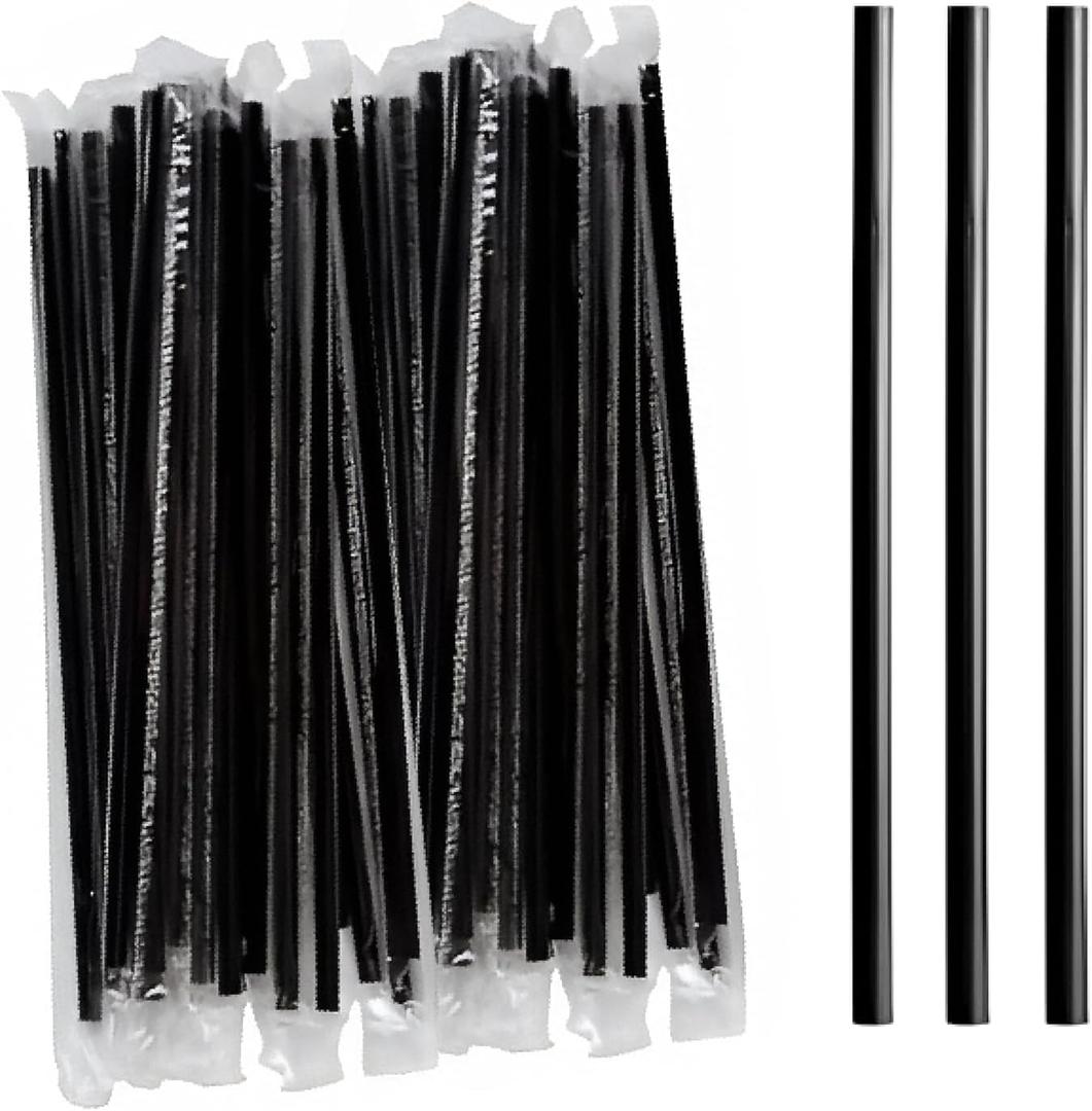Perfect Stix - 7.75" Wrapped Black Plastic Straws- Case of 4/500cts= 2,000