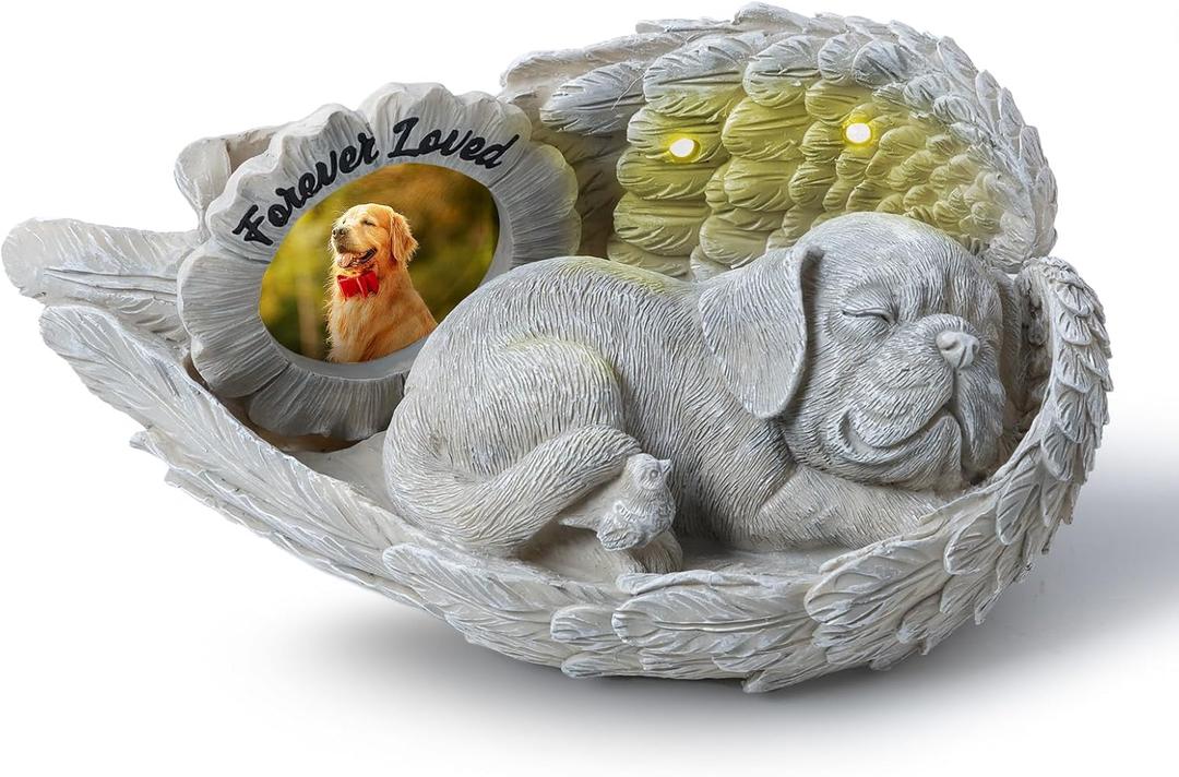 MoDinity Dog Memorial Gift, Angel Memorial Dog Statue with Photo Frame, Forever My Guardian Angel Garden Solar Light Dogs for Pet Memorial Stone
