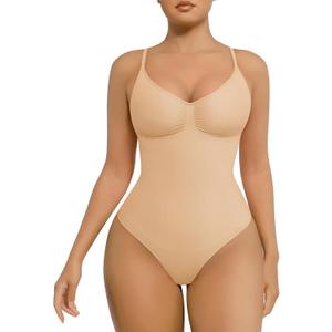 FeelinGirl Shapewear for Women Tummy Control Thong Bodysuit Seamless Sculpting Snatched Waist Body Suit Shaper M-L