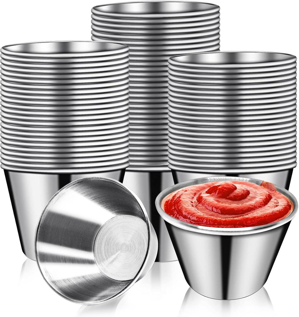 DJZZ 50 Pcs Metal Sauce Cups 2.5oz Ramekins, Stainless Steel Dipping Sauce Cups Metal Condiment Container Reusable Round Butter Dressing Restaurant Small Bowls (50)