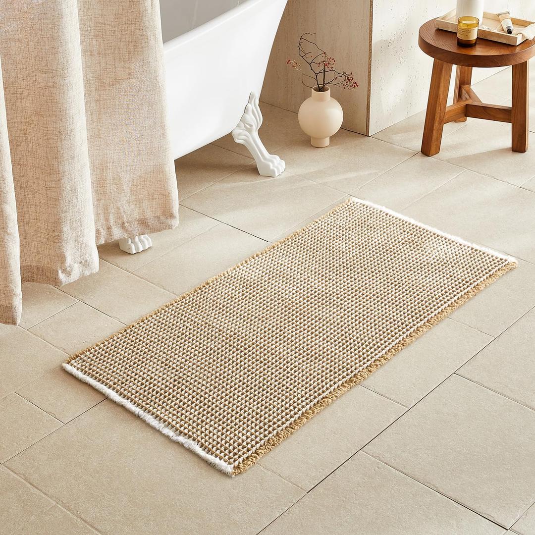 TYUU Waffle Bath Mat, Boho Bathroom Rugs Non Slip Washable Super Absorbent Quick Dry Bath Mat Farmhouse Bathroom Decor, 48"x24" Khaki and White