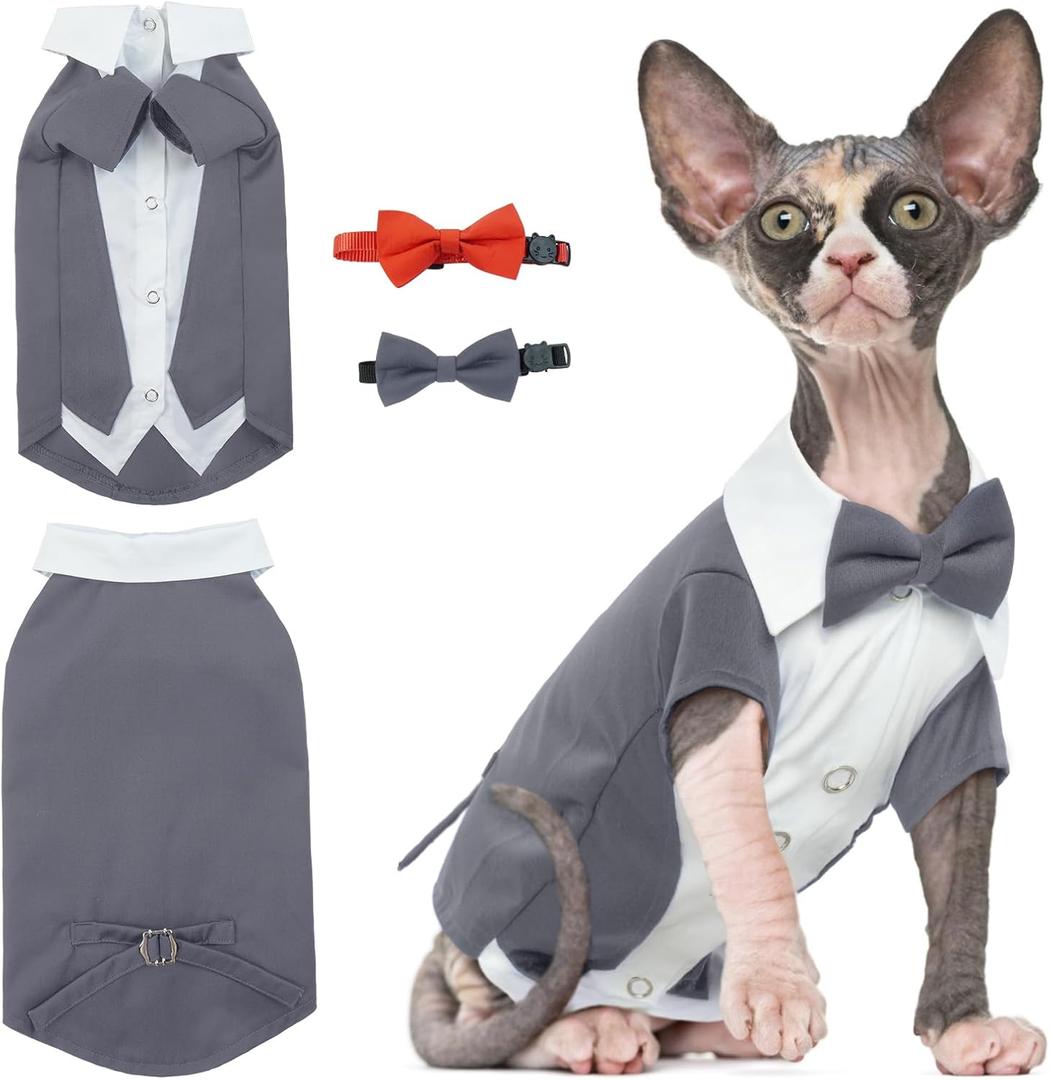 DENTRUN Cat Tuxedo Suit with Two Bow Tie, Stylish Cat Shirt Formal Outfit, Hairless Cat Fashion Apparel Fancy Clothes, Kitten Formal Attire Wedding Onesie Costume for Cats Only (Medium, Grey)