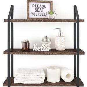 Mkono Floating Wall Shelf 3 Tier 23.5 Inch Rustic Wood Hanging Book Shelf Bathroom Mounted Shelving Storage Display Shelves for Living Room Bedroom Kitchen Office (Brown)