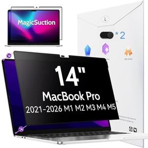 Peslv Privacy Screen for MacBook Pro 14 Inch (2021-2026, M1, M2, M3, M4, M5), MagicSuction™ Removable Anti Spy Black Protector, Glare Blue Light Filter for Mac Laptop Computer
