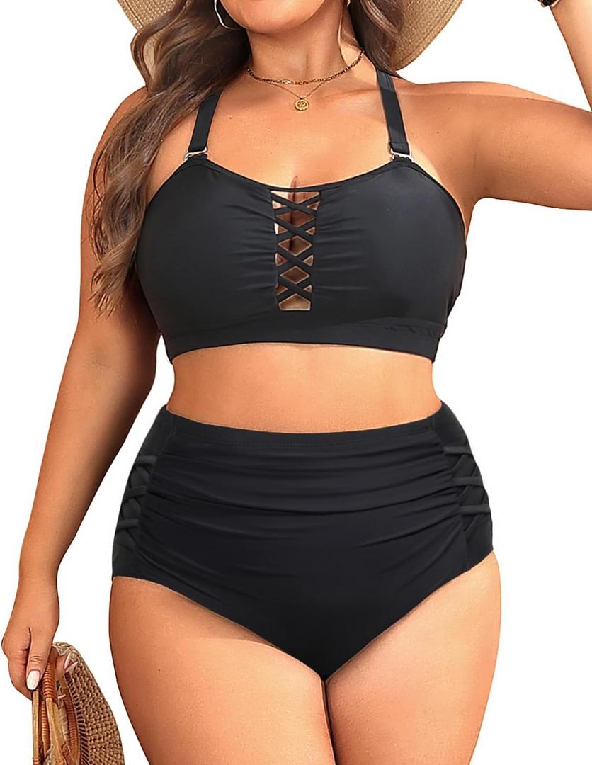 Daci Women Plus Size Two Piece Swimsuit - High Waisted Bikini Tummy Control Bathing Suit Bandeau Swimwear (X-Large, Black)