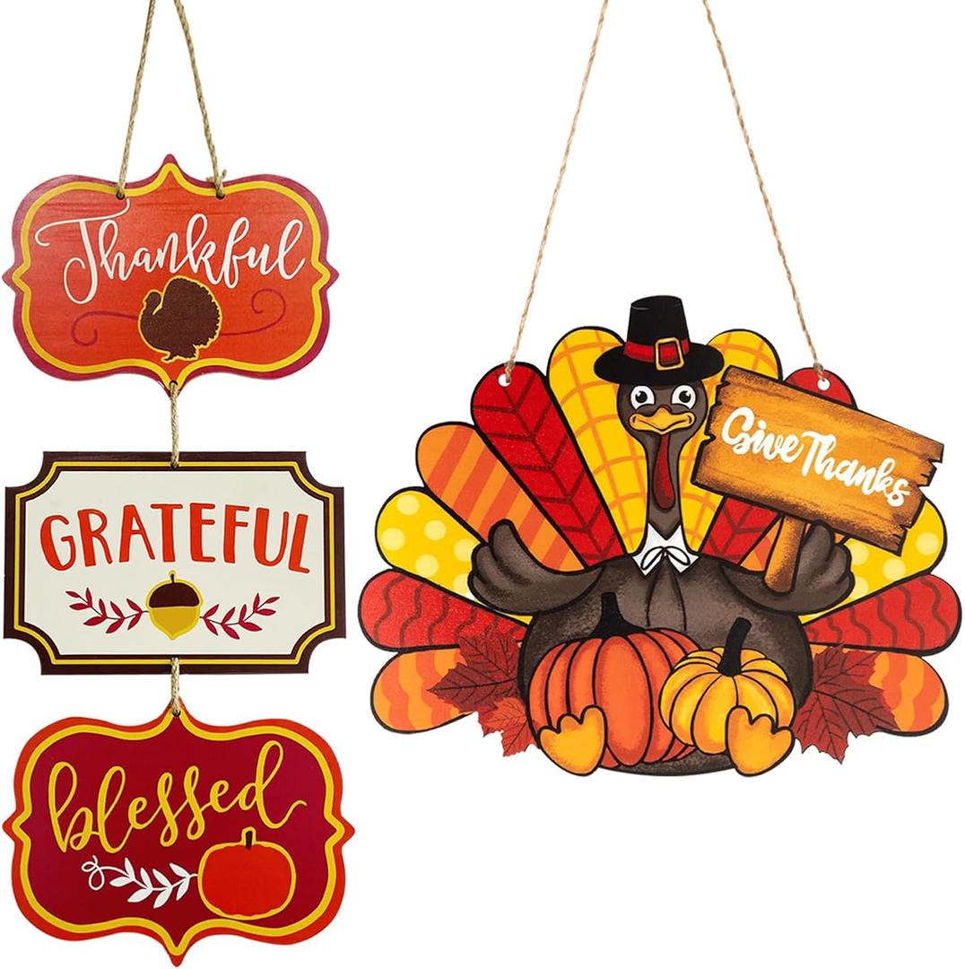 2 Pieces Thanksgiving Decoration Wooden Door Sign Hanging Fall Harvest Welcome Decor Wall Signs Thankful Blessed Grateful, Turkey Sign Fall Decor for Home Thanksgiving Party Front Door