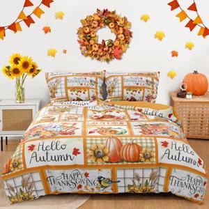 Thanksgiving Patchwork Duvet Cover Set Queen Size,Fall Farm Duvet Cover Turkey Pumpkin Sunflower Comforter Cover,Autumn Harvest Themed Polyester Bedding Set 3 Pieces