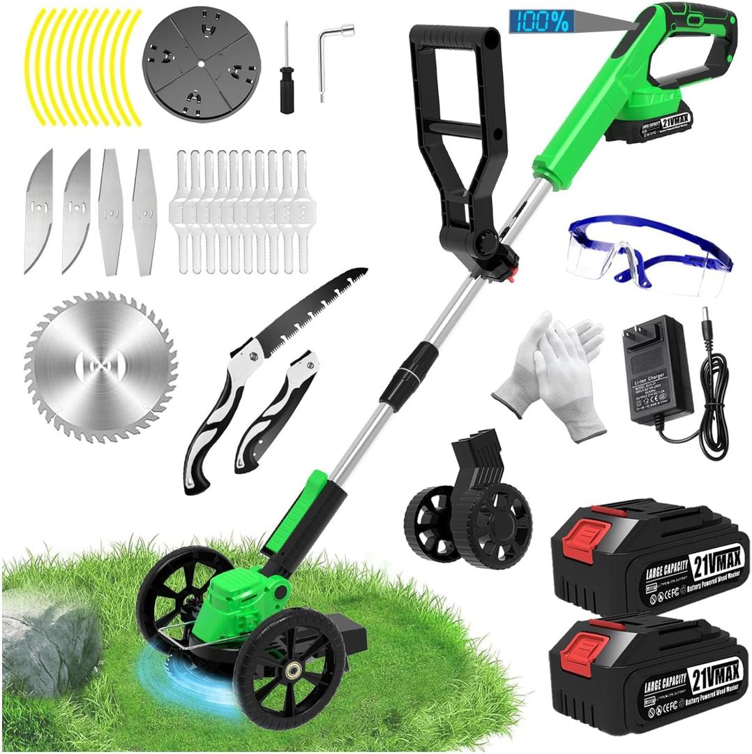 Electric Cordless Weed Wacker Eater Battery Powered Weed Trimmer with 2 21V/2.0Ah Battery Operated & Wheels & Charger & 5 Types Blades, No-String Brush Cutter/Grass Trimmer/Lawn Edger for Garden Yard