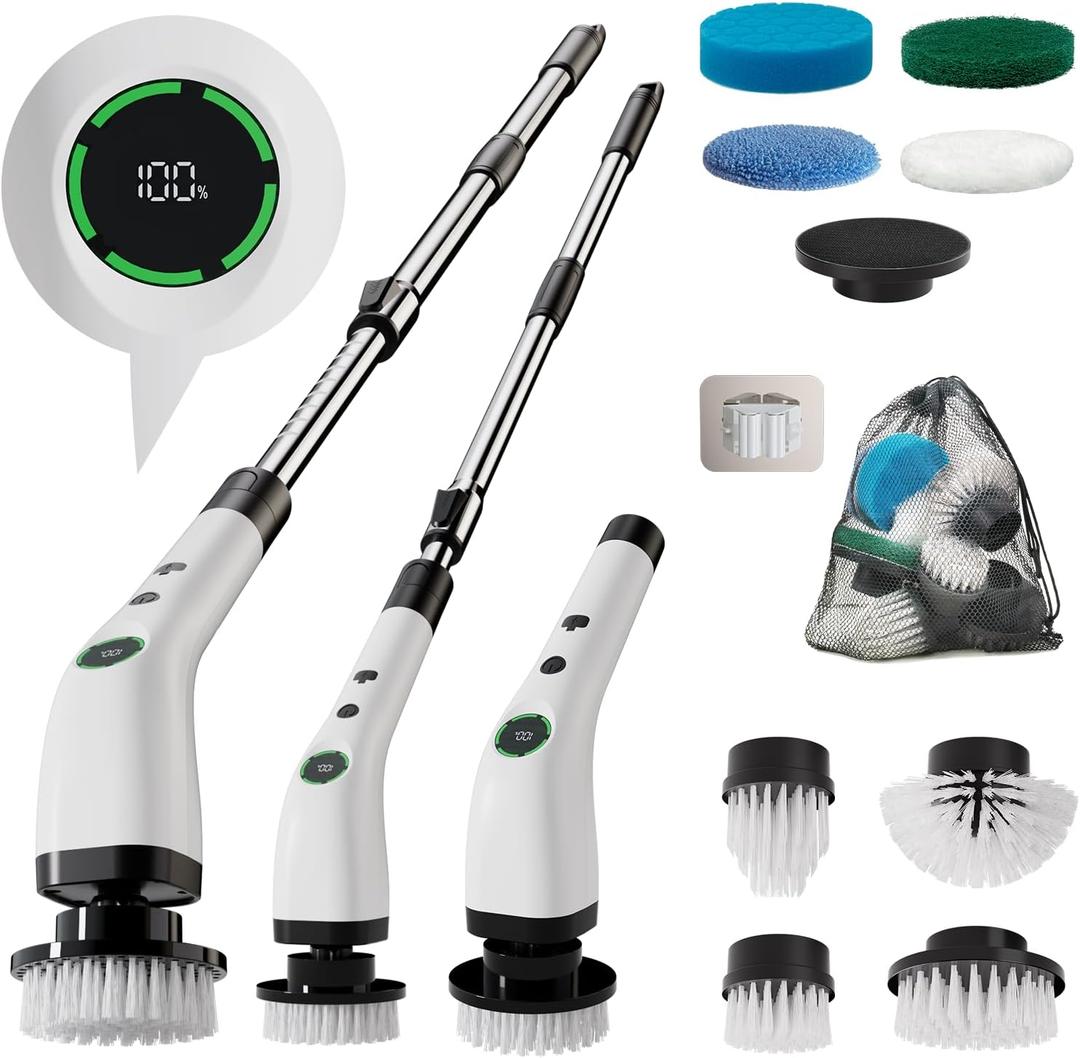 Electric Bathroom Cleaning Brush, Cordless Spin Scrubber Full Body Waterproof IPX7 with Adjustable Handle, 8 Replaceable Brush Heads for Bathtub/Kitchen/Window/Home -SD-CTB01 (Extended)