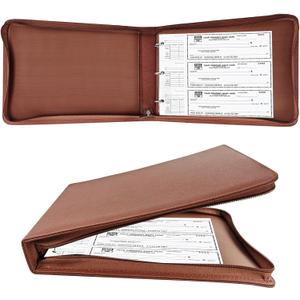LLi Cufite 3 Rings Check Binder for End-Stub Deskbook Checks, Zipper Business Check Binder, 3 on a Page, Fit 3 & 9 Holes Check Faux Leather (9" x 11 1/4") (Brown)