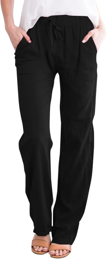 Linen Pants Women Cotton Linen Straight Leg Lightweight Pants Summer Plus Size Women Loose Fit Trousers(M*Black, Small)