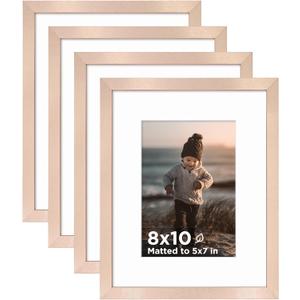 KINLINK 8x10 Picture Frame Rose Gold Set of 4, Wooden Photo Frames Matted 5x7 with Plexiglass for 5x7 with Mat or 8x10 without Mat for Table and Wall Display