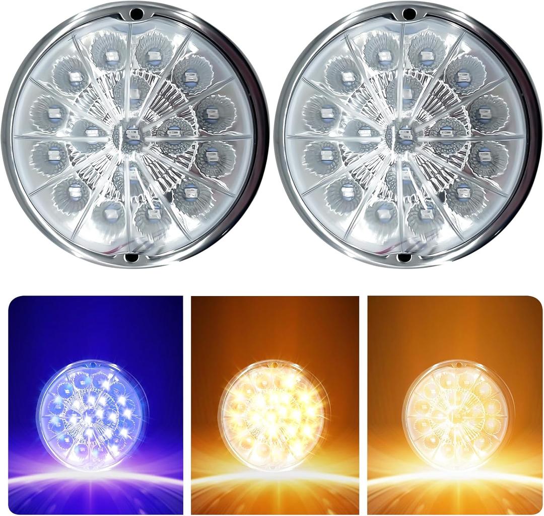 2PCS 17 LED Dual Revolution Watermelon Lights, Amber Turn Signal & Marker to Blue Auxiliary, Clear Lens & Stainless Steel Bezel for Freightliner, Peterbilt, Heavy Trucks & Trailers