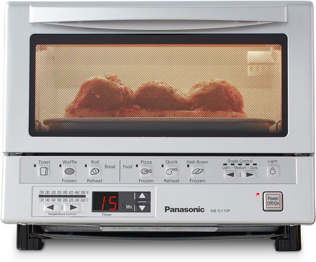 Panasonic FlashXpress Toaster Oven Countertop, 4-Slice Small Toaster Oven Compact Size with Double Infrared Heating, 6 Auto Cook Options and Precise Temperature Control, 1300W - NB-G110P (Silver), 12"d X 13"w X 10.25"h