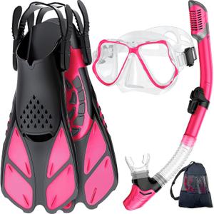 Zenoplige Mask Fins Snorkel Set, Snorkeling Gear for Adults, Panoramic View Snorkel Mask Anti-Fog, Adjustable Dive Flippers, Dry Top Snorkel and Travel Bag, Scuba Gear for Swimming Snorkeling Diving, S/M
