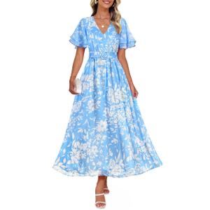 ZESICA Women's 2026 Summer Floral V Neck Midi Beach Dress Blue XL (XL)