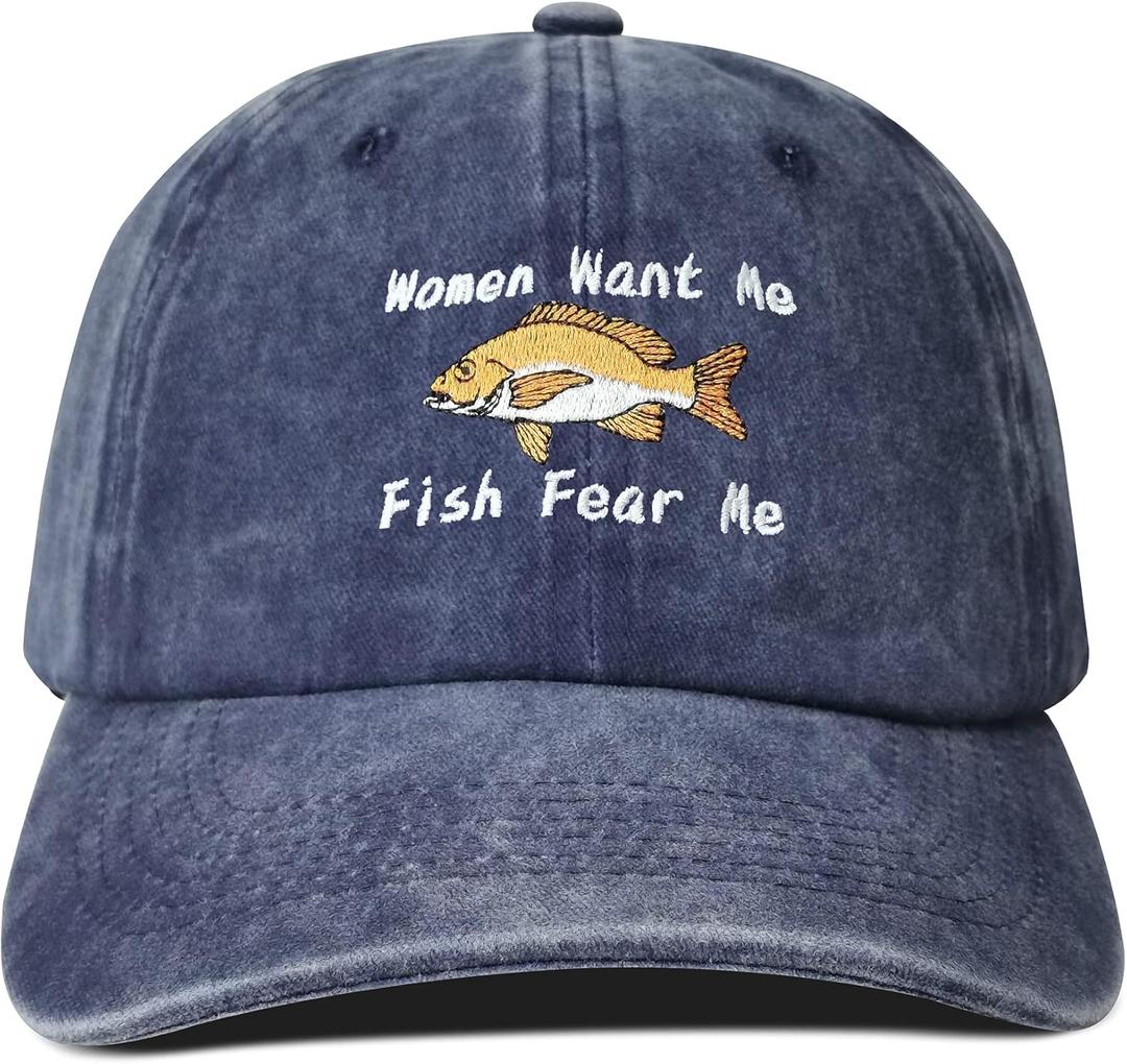 Hepandy Women Want Me Fish Fear Me Embroidered Navy Blue Baseball Caps for Men, Adjustable Embroidery Trucker Hats Snapback Cotton Dad Hat