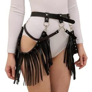 Women Punk Tassel Belt Leather Body Harness Waist Chain Gothic Caged Belt Rave Party Nightclub Costume (Black)