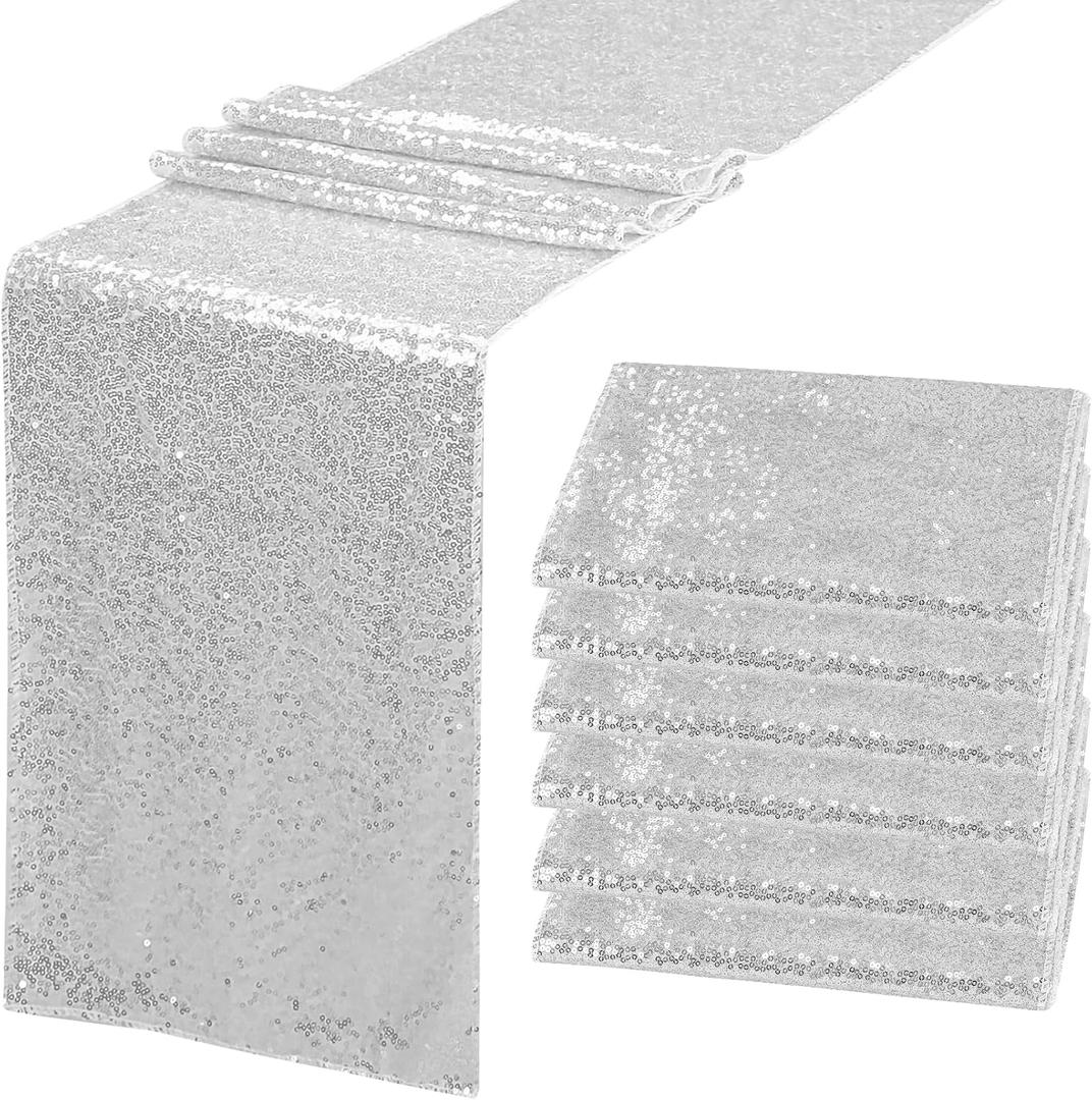 6 Pack Silver Sequin Table Runner 12" x 72" Sparkle Table Runner for Baby Bridal Shower Wedding Birthday Party Table Decor (Silver)