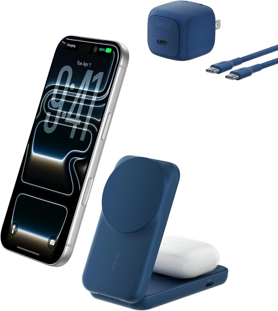 Belkin MagSafe Charger, Compatible 2-in-1 Charging Station, Qi2.2 25W Magnetic Wireless Charger iPhone, Foldable Stand, with 5W USB-C Port, for iPhone 17/16/15, Pixel 10, AirPods, 45W Adapter Included (Blue)