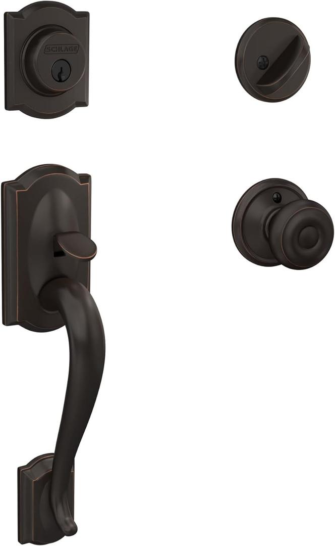 Schlage F60 V CAM 716 GEO Camelot Front Entry Handleset with Georgian Knob, Deadbolt Keyed 1 Side, Aged Bronze